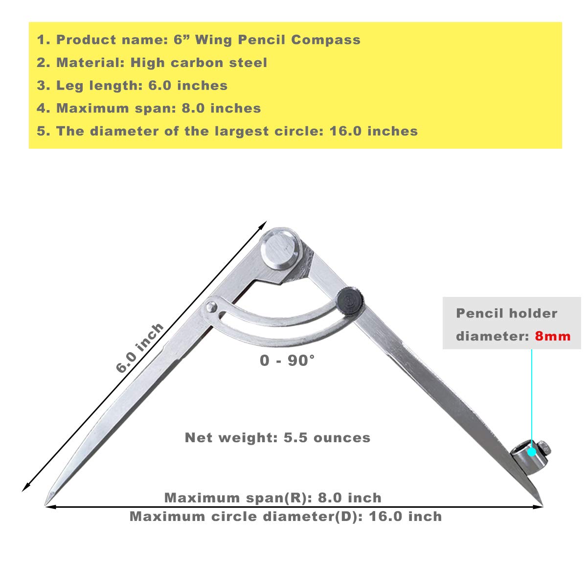 ZLKSKER 6/8/10 inch Professional Woodworking Compass with Pencil Holder & Lockable Wing, Geometry & Drafting Compass for Carpenter (6 inch)