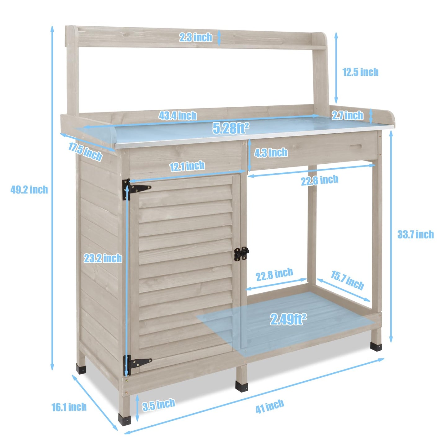 Ketive Outdoor Garden Potting Bench Table,41" L Wooden Potting Table Work Bench for Horticulture,Waterproof Workstation Table with Metal Tabletop/Cabinet/Drawer/Open Shelf,Grey (Table10-Grey)