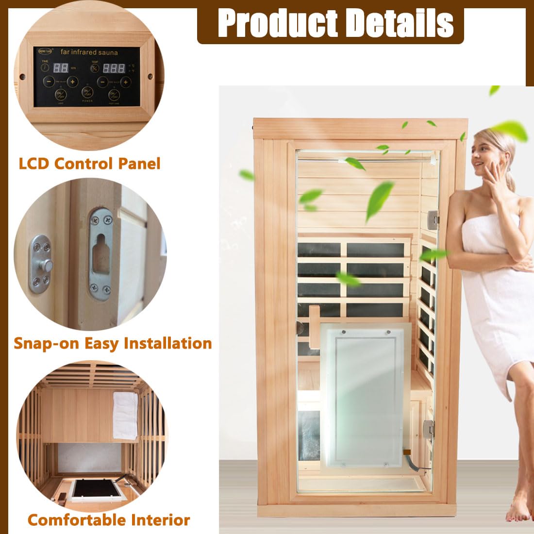 LTCCDSS 1 Person Infrared Sauna, Canadian Hemlock Far Infrared Sauna for Home, 1350W Indoor Saunas, LCD Display, Bluetooth Speakers, 1 LED Reading Lamp