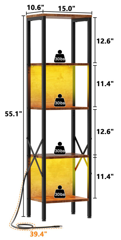 Furologee 5 Tier Bookshelf with LED Lights, Tall Display Shelf with Back, Industrial Narrow Bookcase, Metal and Wooden Corner Storage Standing Rack for Bedroom, Living Room, Office, Rustic Brown