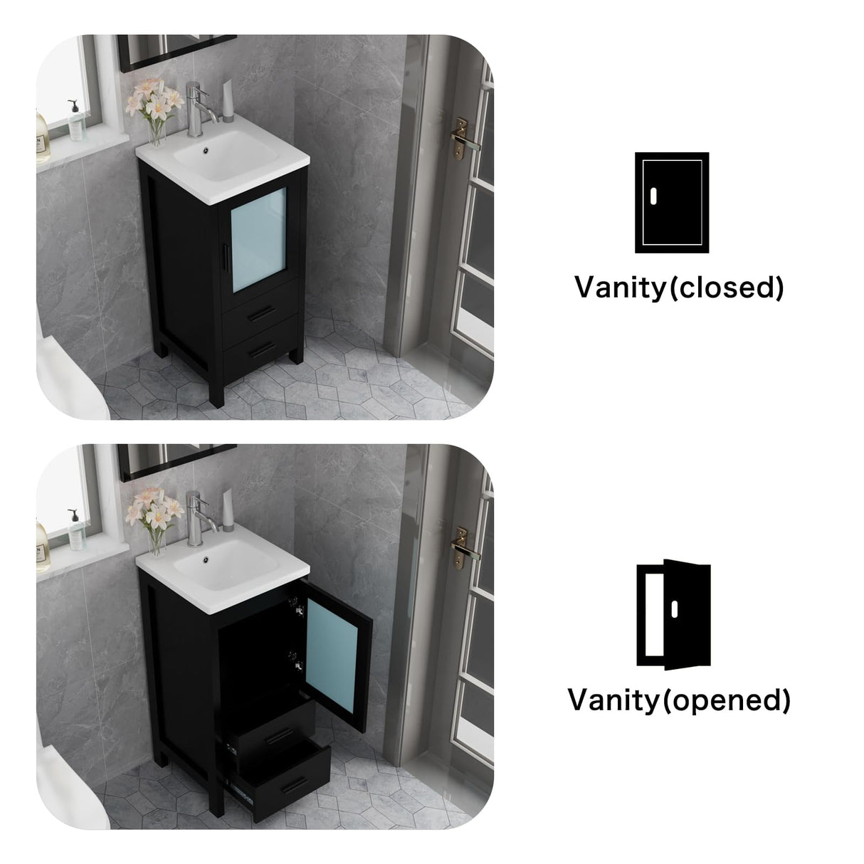 wonline 16" Bathroom Vanity Set, Single Small Bathroom Cabinet with Ceramic Sink, Modern Black Cabinet Vanity with Faucet & Pop Up Drain wonline