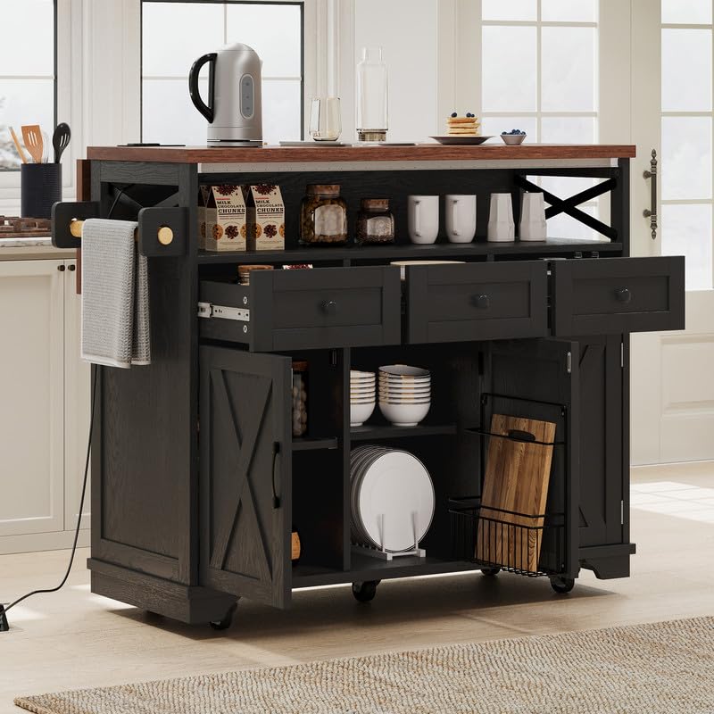 46.5'' Farmhouse Kitchen Island with Drape of Beads, Power Outlet, Rolling Kitchen Cart on Wheels with Drop Leaf, 3 Doors , 3 Drawers and Internal Iron Shelf, for Kitchen, Dining Room, Black HomeGearTech