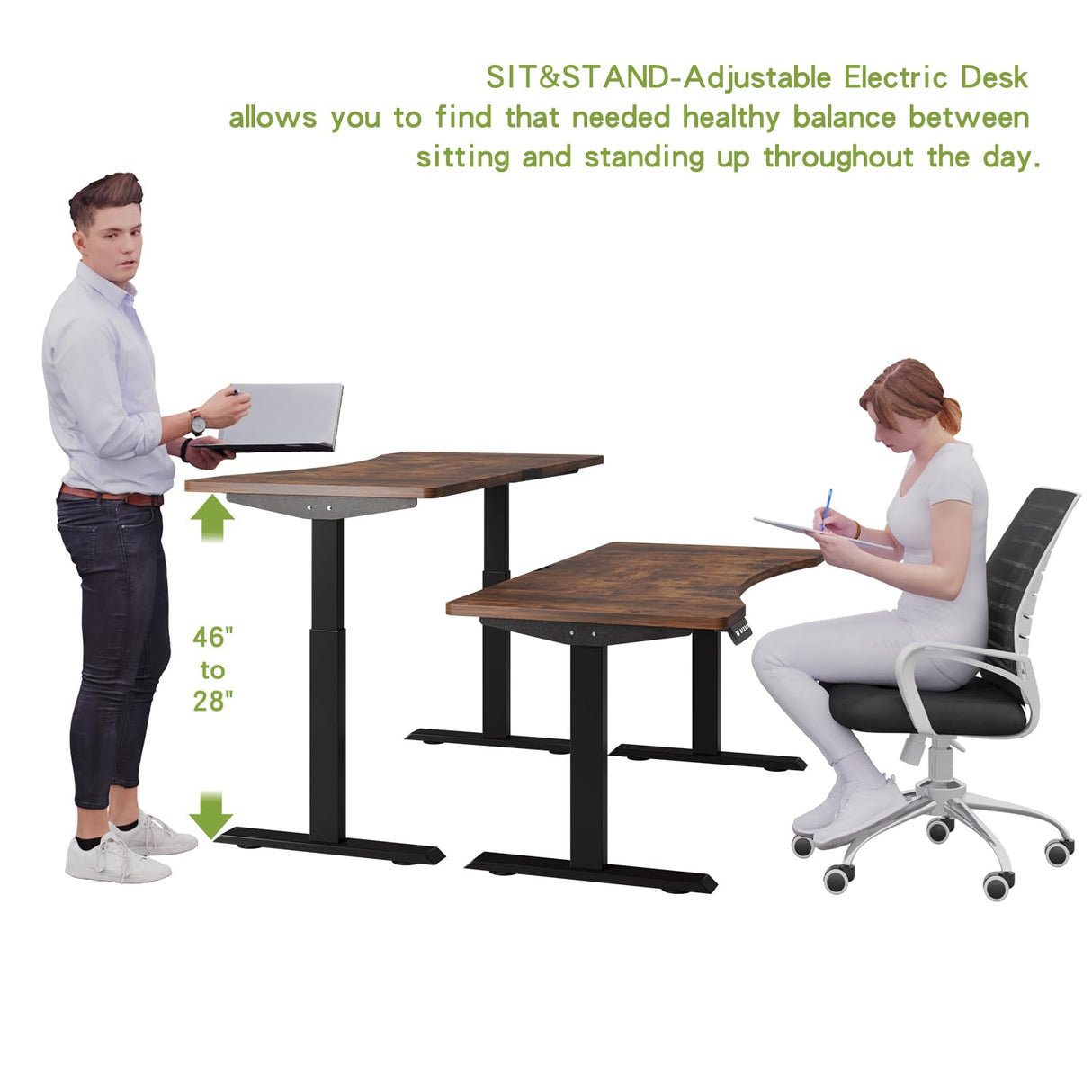 Radlove Dual Motors Height Adjustable 63 x 30 Electric Standing Desk with Curved Design Stand Up Table 4 Memory Keys, Computer Desk with Splice Board Home Office Desk, Brown Top + Black Frame Radlove