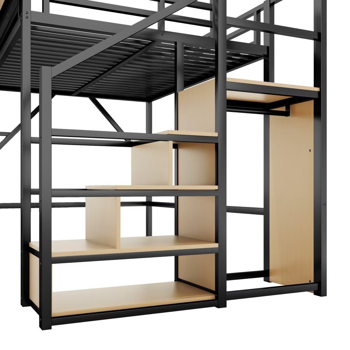 Queen Size Loft Bed Frame for Adults, Metal Lofts Bed Queen with Stairs & Storage Shelves, Heavy Duty High Loft Bed with Wardrobe,Queen Loft Bunk Bed with Desk No Box Spring Needed, No Noise-Black JIJIWANG