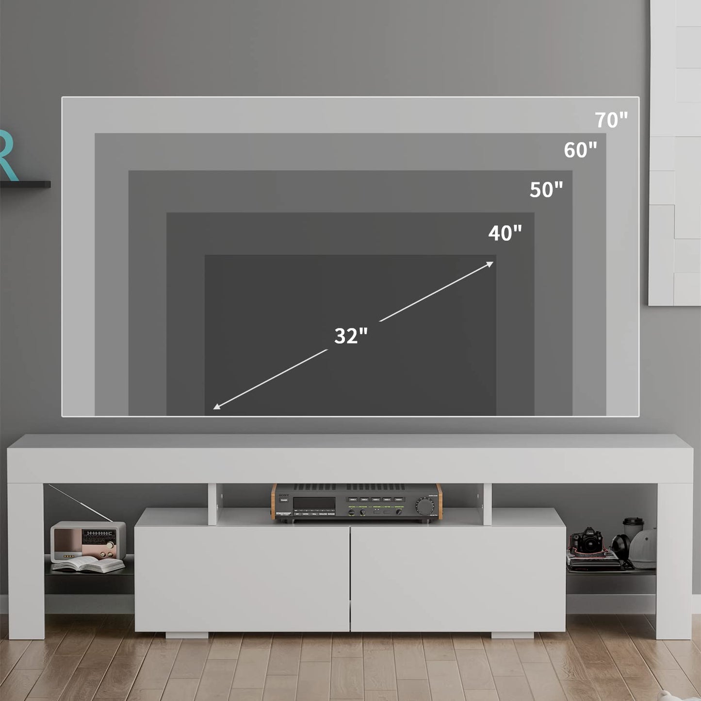 YESHOMY Modern LED TV Stand for Televisions up to 70 Inch with Glass Shelves and Drawer, Gaming Entertainment Center with Multiple Dynamic RGB Modes, for Livingroom, Bedroom, 60 Inch, White - WoodArtSupply