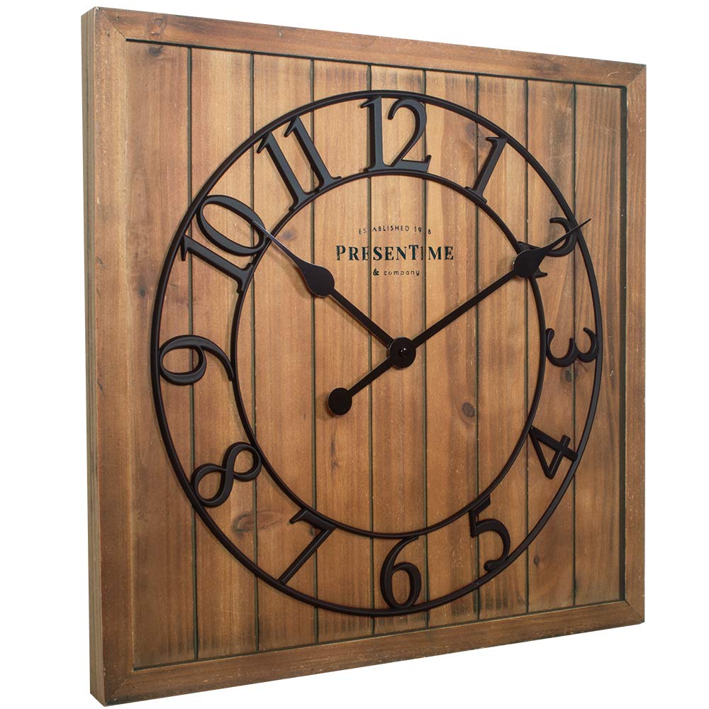 Presentime & Co 21" Farmhouse Square Shiplap Barn Door Wood Clock - Fir, Arabic Numeral. Home Decoration/Wall Decoration/Farmhouse Décor for Living Room, Dining Room, and Entryway. Presentime