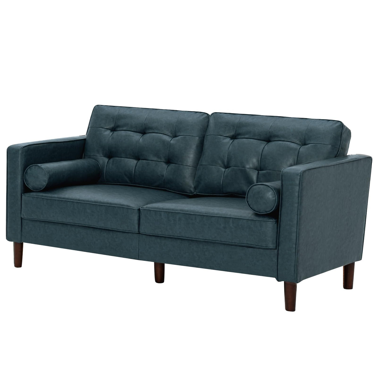 ACMEASE 67" Premium Faux Leather 2-Seater Sofa with 2 Bolster Pillows and Tufted Backrest, Mid-Century Modern Loveseat Sofa, Luxury Couch for Living Room, Bedroom, Office, Blue ACMEASE