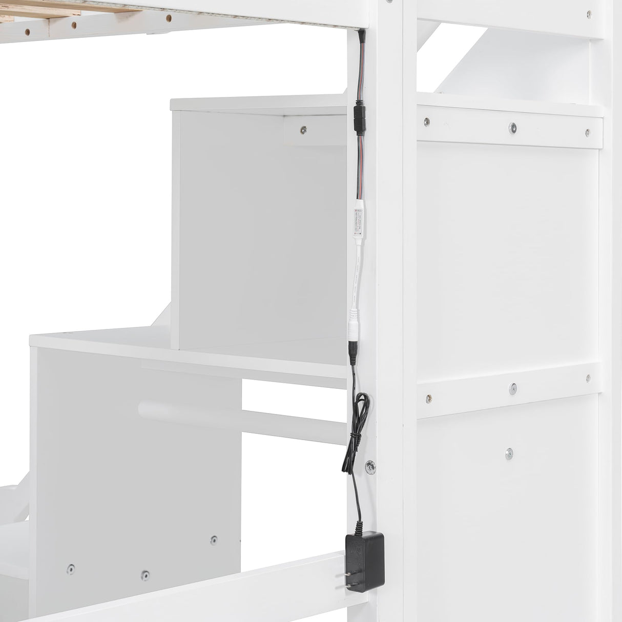 SOFTSEA Twin Size Gaming Loft Bed with Stairs and Desk, Wooden Loft Bed with Open Wardrobe, Storage Drawers & LED Lights for Kids Teens Adults, White SOFTSEA