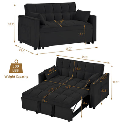 KIVENJAJA Convertible Sleeper Sofa Bed, Velvet Tufted Loveseat Couch with Pull Out Bed, Small Love Seat Futon Lounge Sofa Bed with 2 Pillows for Living Room Apartment, 55.2”W (Black) - WoodArtSupply