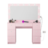 Boahaus Freya Large Makeup Vanity Desk with Hollywood Lights, 7 Drawers, USB Type-C & Type-A Ports, Charging Station, Hair Dryer Hanger, Crystal Knobs– Vanity Desk for Bedroom, Premium Finish (Pink) Boahaus
