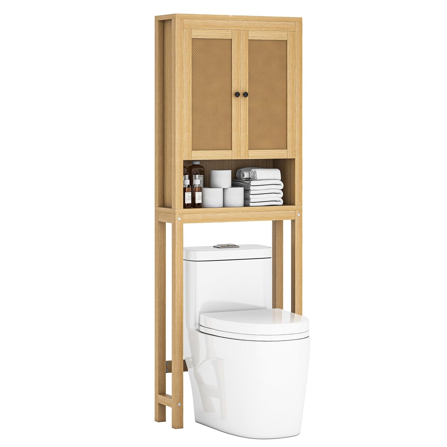 knoworld Rattan Over The Toilet Storage Cabinet, Above Toilet Bathroom Organizer with Adjustable Shelf, Behind Toilet Cabinet, Space Saver for Restroom, Bathroom, Laundry, Wood Rack, Natural