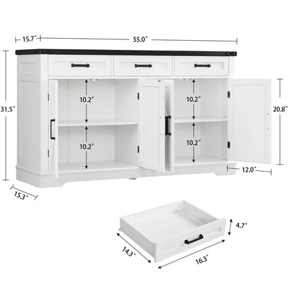 usikey 55”W Buffet Cabinet with 3 Large Drawers & 2 Adjustable Shelves, Farmhouse Sideboard Cabinet, Farmhouse Credenza, Coffee Bar for Dinging Room, Living Room, White