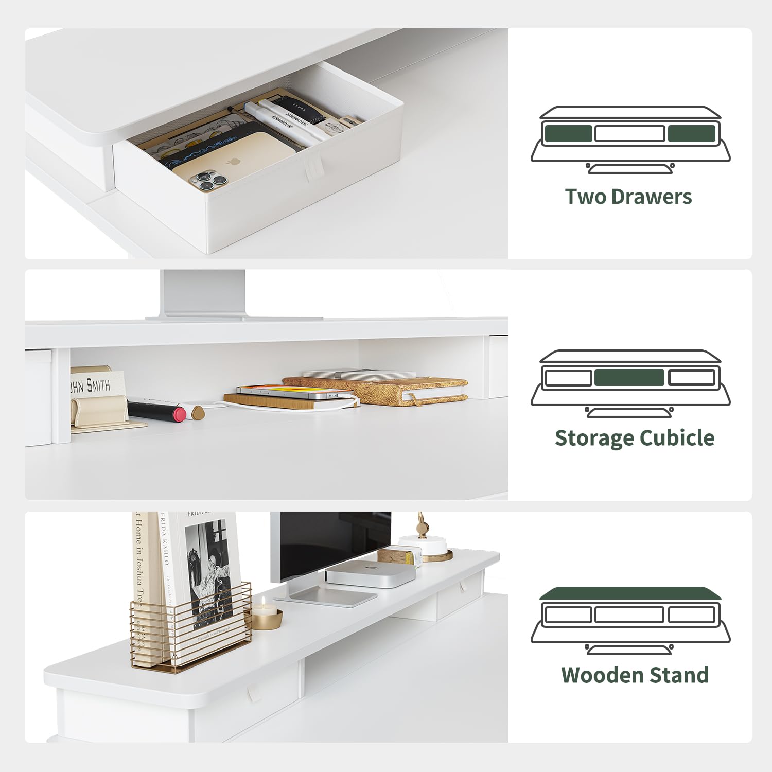 FEZIBO Standing Desk with Drawers, Adjustable Height Desk with Keyboard Tray, Stand Up Desk with Storage Shelf, 55 x 24 Inchs, White Top - WoodArtSupply