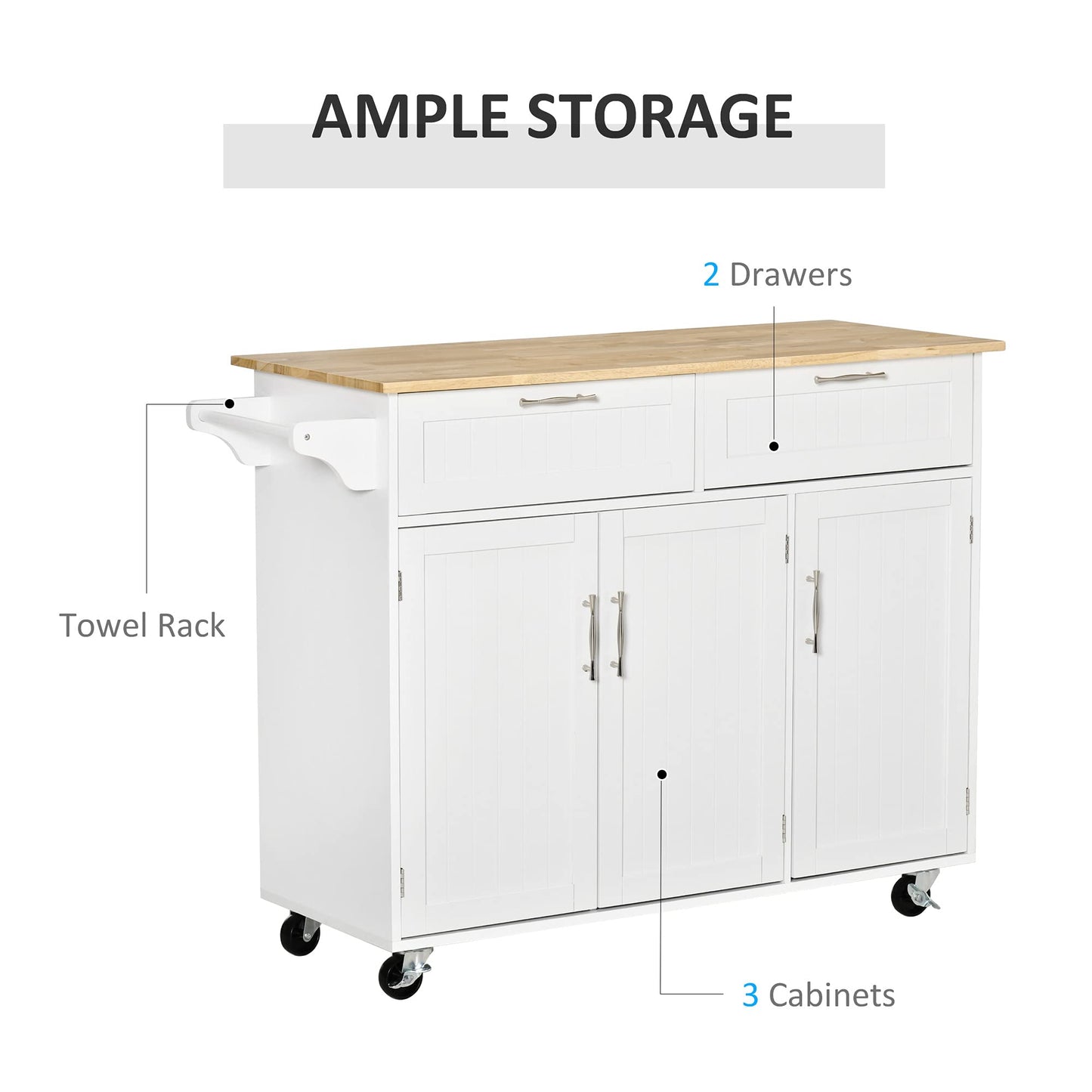 HOMCOM Mobile Kitchen Island with Storage, Kitchen Cart with Wood Top, Storage Drawers, 3-door Cabinets, Adjustable Shelves and Towel Rack, White