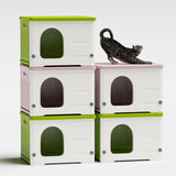 Plastic Cat House for Outdoor Indoor Use, Stackable Feral Cat Shelter Indoor Cat House Insulated Weatherproof Waterproof Elevated with Cat Scratching Board & Cushion (Green) TSEHOOHOO