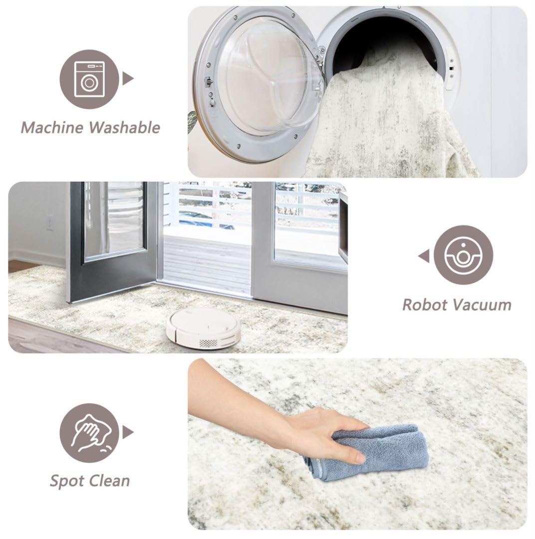 Capslpad 2x8 Modern Abstract Washable Runner Rug, Light Beige Non-Slip Runners for Hallways, Low Pile Kitchen Runner Rug, Ultra Soft Print Distressed Faux Wool Rug for Entryway, Bedroom, Laundry Capslpad