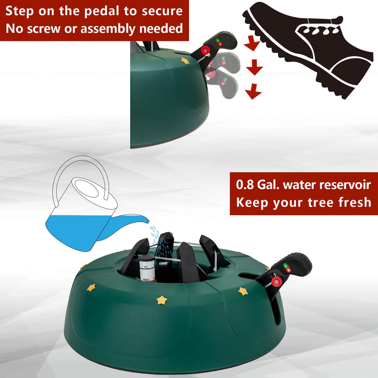 JILUVA Christmas Tree Stand with Water Reservoir, Foot Press Easy Setup, Fits up to 8ft Real Tree with 5.1" Diameter, Equipped with Water Level Indicator, No Assembly Needed JILUVA
