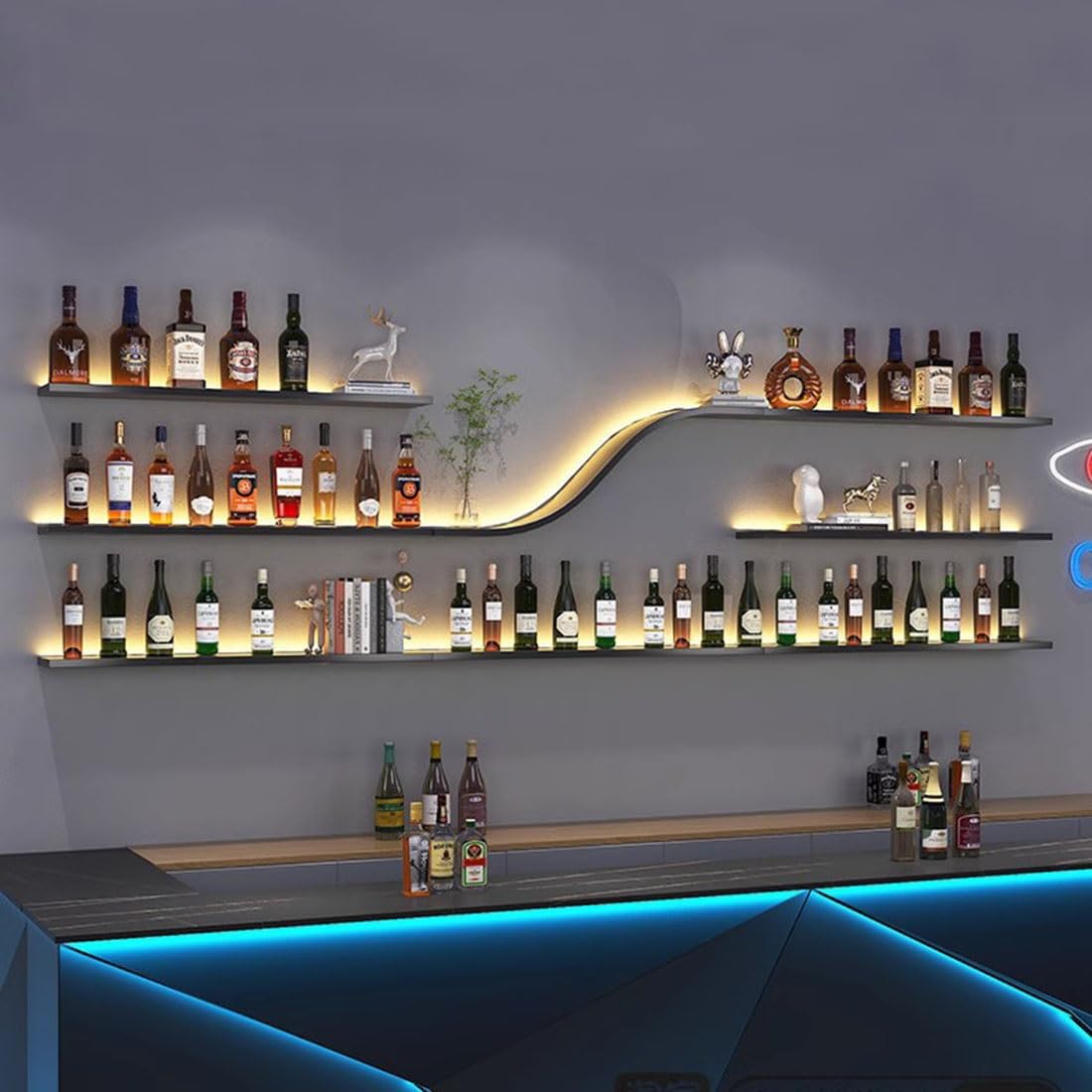 Modern Wall Mounted Wine Rack w/LED Light, Metal Wall Bar Shelves Stor ...
