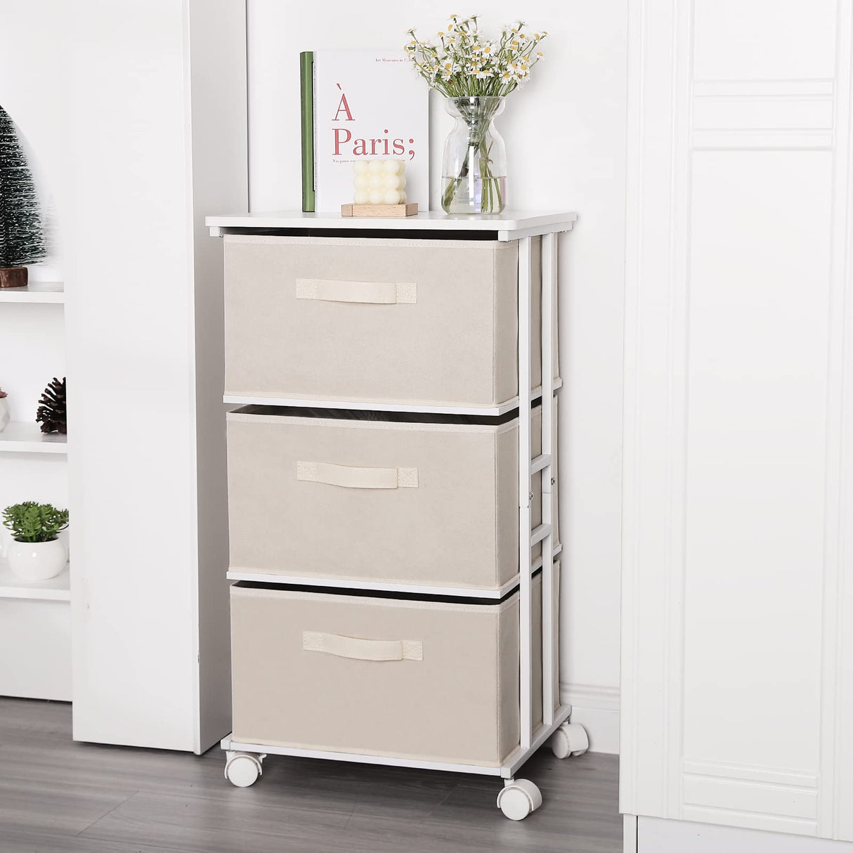 MAX Houser Dresser Tower with 3 Drawers for Bedroom, Fabric Storage Organizer Unit, Chest of Drawers with with WoodTop, Small Vertical Storage for Guest Room, Closet, Entryway, Nursery(Beige) MAX Houser