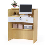 OmySalon Reception Desk with Counter, Small Front Desk w/Lockable Drawer, Wooden Modern Reception Table for Salon Lobby Office Home (Original Wood, 32) OmySalon