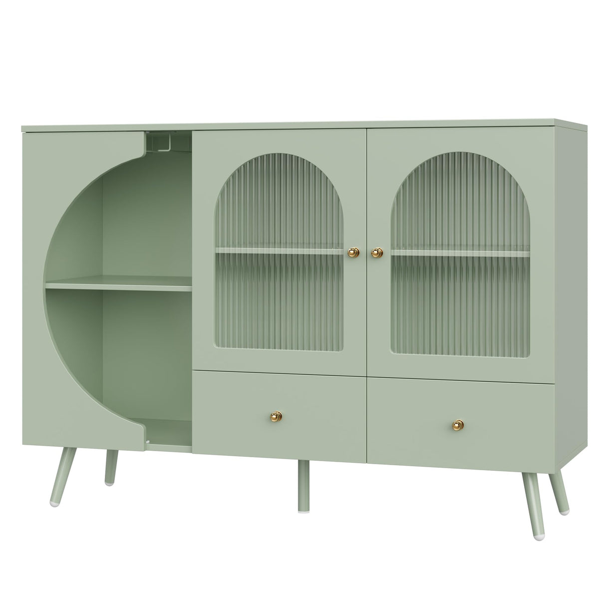 FACBOTALL Coffee Bar Cabinet, Buffet Sideboard Cabinet with 2 Drawers and Fluted Glass Door, Wine Bar Cabinet for Kitchen, Dining Room, Living Room, Modern Kitchen Storage Cabinet Green FACBOTALL