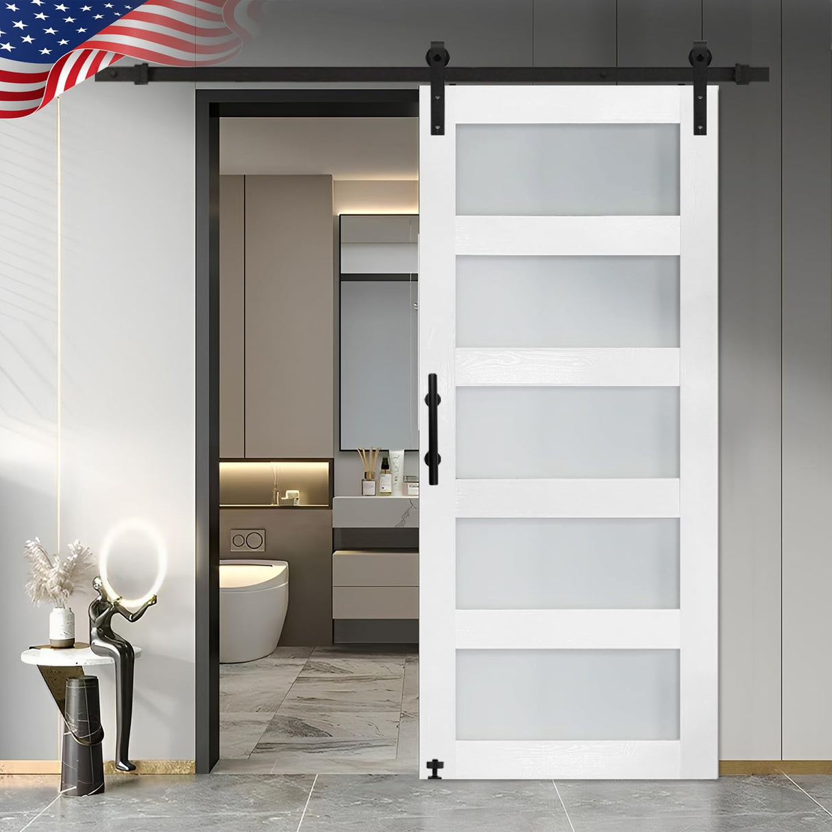 S&Z TOPHAND® 36 in x 84 in Glass Sliding MDF Barn Door with 6.6FT Sliding Door Hardware Kit, 5 Tempered Frosted Glass, Slab Inside Covered with Water-Proof PVC Surface, Simple DIY Assembly S&Z TOPHAND