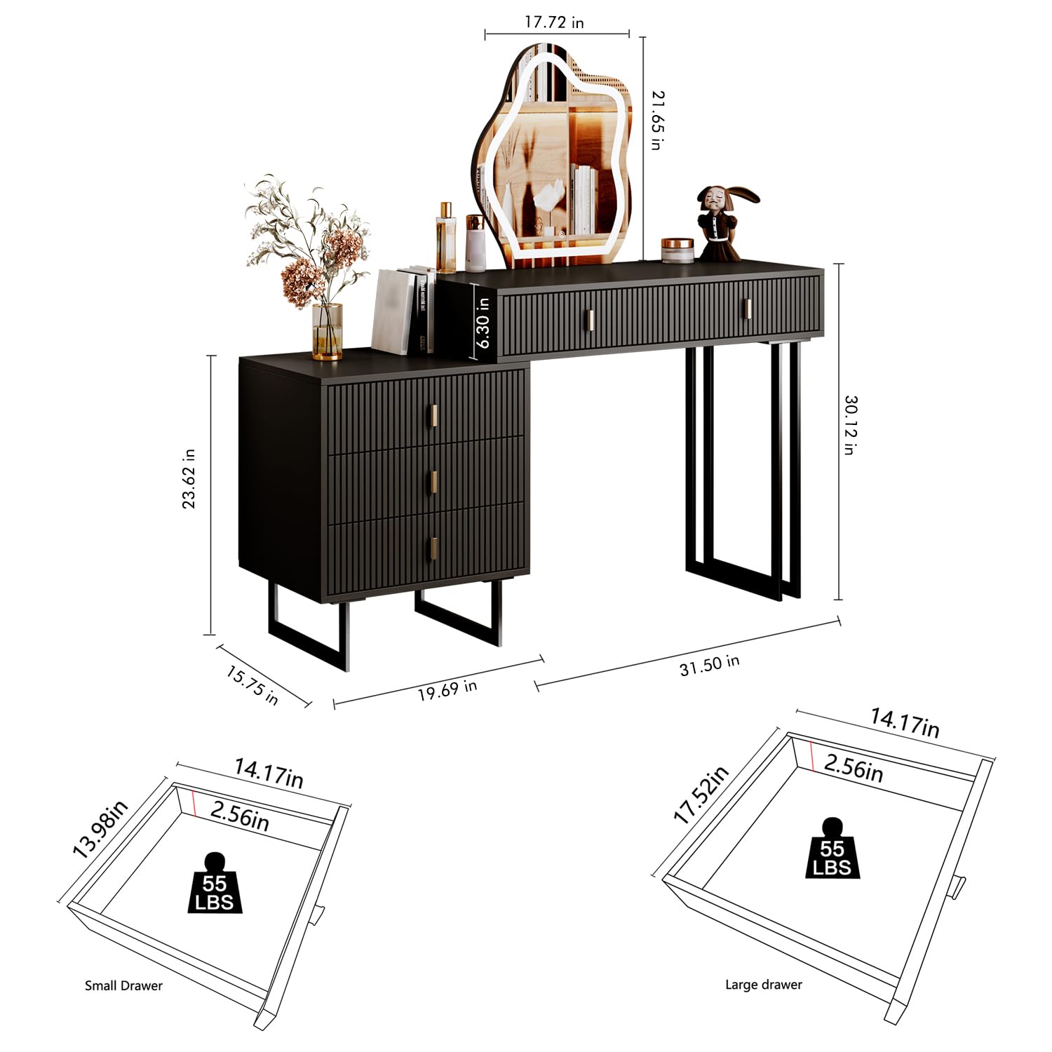 Ieejdn Vanity Desk with 3 Color Touch Screen Dimming Mirror, Modern Makeup Dressing Table with Adjustable Cabinet and 5 Sliding Drawers, Vanity Table Set for Makeup Room, Bedroom - WoodArtSupply