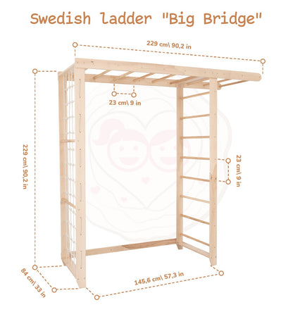 Woodandhearts Swedish Ladder Indoor Kids Gym, Montessori Play Gym Climbing Set, Wooden Indoor Playground for Toddlers with Accessories (with 3 Wall Panels, Big Bridge)