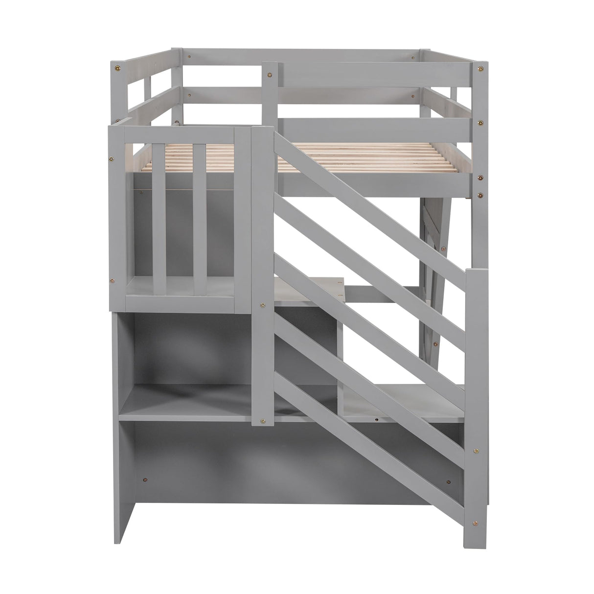 Merax Twin Loft Bed with Storage Staircase and Large Underbed Space for Teens, Boys, Girls, Solid Wood Bedframe & Full-Length Safety Guardrails for Bedroom, No Box Spring Needed, Easy Assembly, Gray Merax