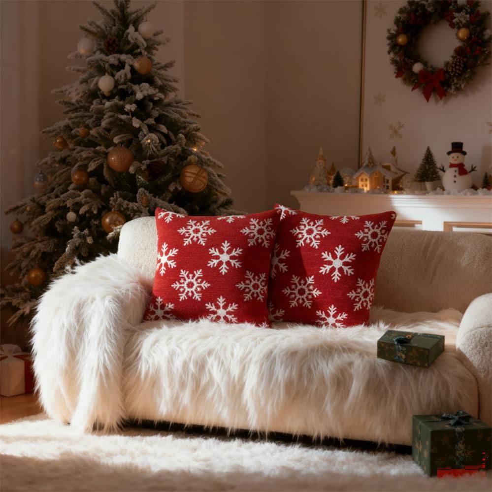 2 Pack Christmas Pillow Covers 18x18, Chenille Double-Sided Snowflake & Christmas Tree Decorative Throw Pillow Cases, Soft Farmhouse Holiday Cushion Covers for Sofa Couch Bed(Red,18x18) Auomily
