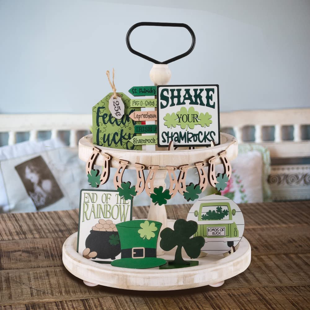 Mustry Rustic Wooden 2 Tiered Tray, Round Farmhouse Kitchen Table Decor Serving Tier Tray, Food Fruits Cupcake Display Coffee Bar Home Party Seasonal Decorations (White) mustry
