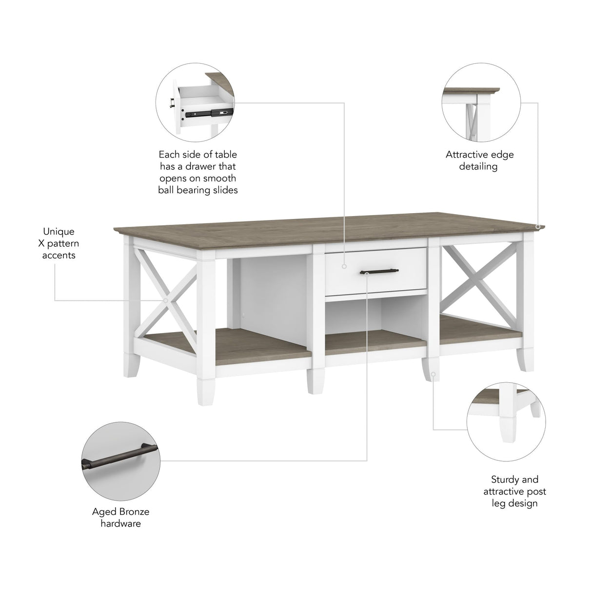 Key West 47.2 x 23.94-Inch Coffee Table, Shiplap Gray/Pure White Bush Business Furniture