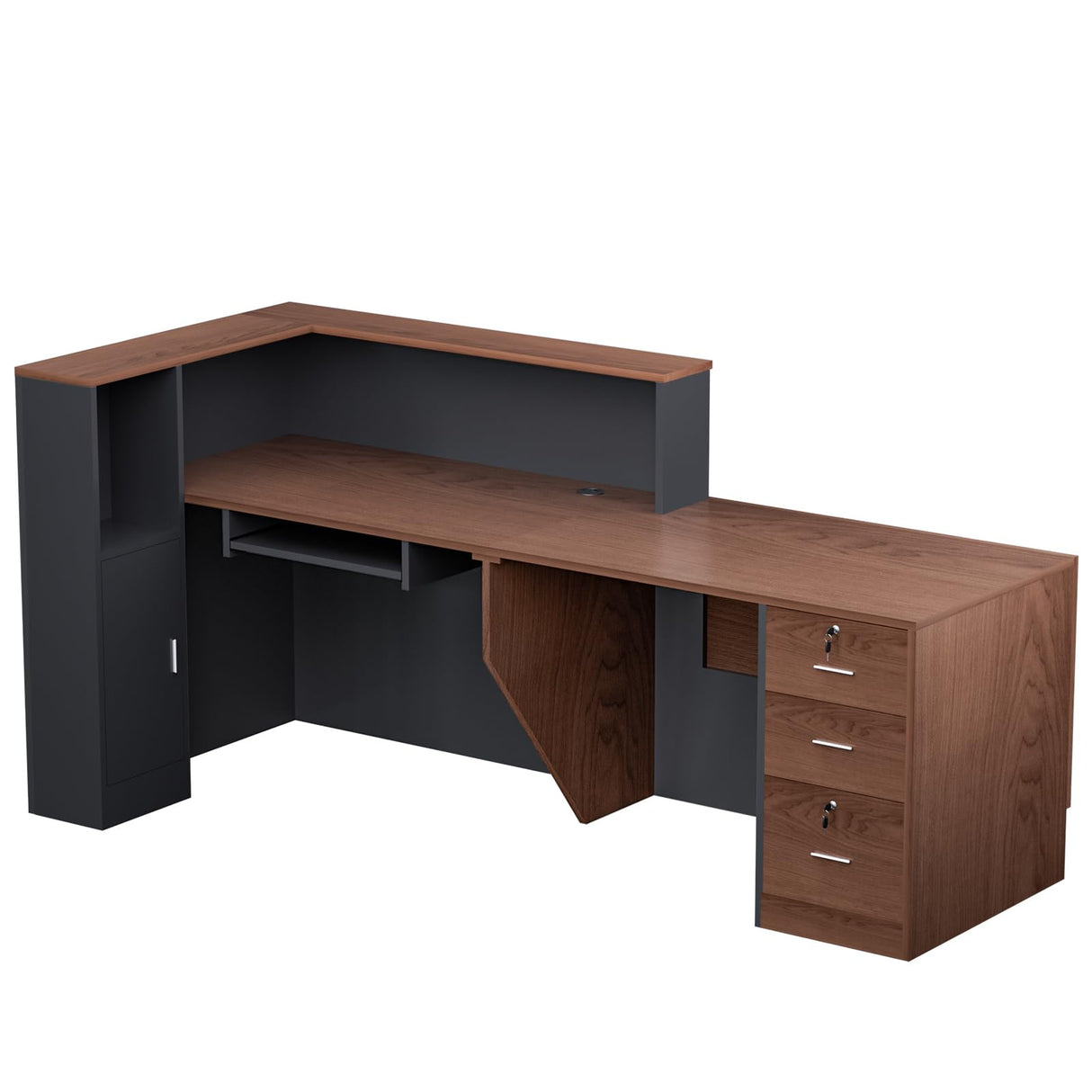 L-Shaped Modern Large Wooden Commercial Reception Desk with Counter & Shelves, Front Reception Desk Counter Table with Storage, Drawers for Offices,Home (Brown + Black, Right - 84''L x 34''W x 41''H) Drexo