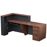 L-Shaped Modern Large Wooden Commercial Reception Desk with Counter & Shelves, Front Reception Desk Counter Table with Storage, Drawers for Offices,Home (Brown + Black, Right - 84''L x 34''W x 41''H) Drexo