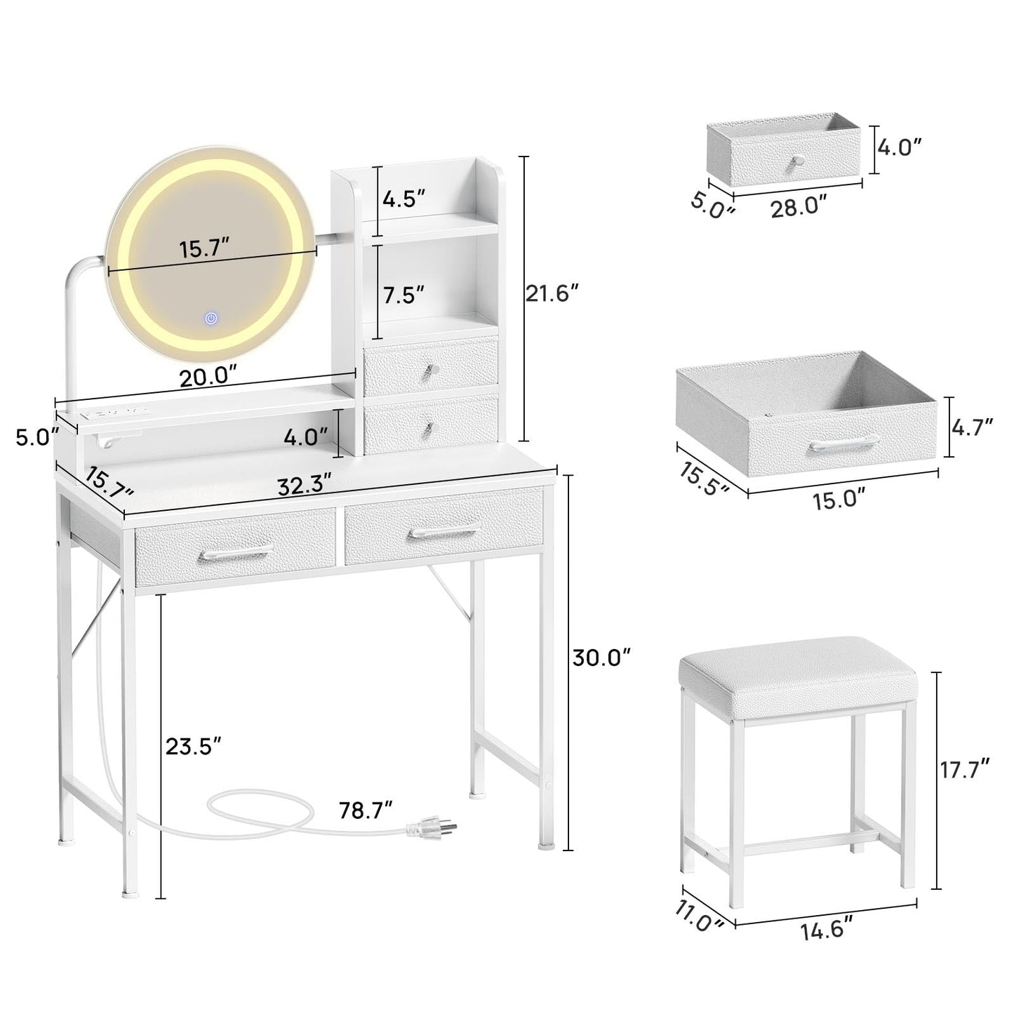 Seventable Vanity Desk with Lighted Mirror & LED Lights, Makeup Table with Power Outlet & 4 Storage Drawers, Includes Makeup Stool for Bedroom, White