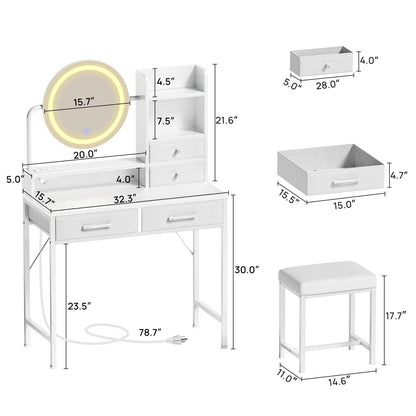 Seventable Vanity Desk with Lighted Mirror & LED Lights, Makeup Table with Power Outlet & 4 Storage Drawers, Includes Makeup Stool for Bedroom, White