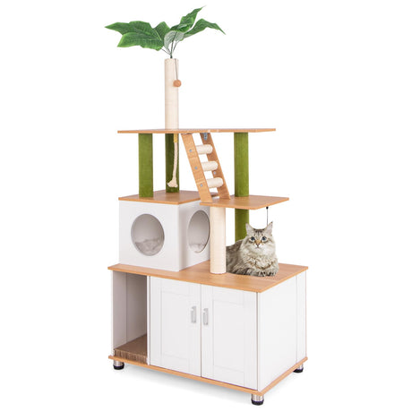 Tangkula Cat Tree with Litter Box Enclosure, 2-in-1 Cat Tower with Condo, Sisal Scratching Posts, Hanging Rope, Dangling Balls, Scratching Pad, Hidden Litter Box Furniture for Indoor Cats (White) Tangkula