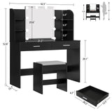 usikey Makeup Vanity with Mirror and 10 LED Lights, Vanity Makeup Table Set with 2 Drawers and Open Shelves, Makeup Vanity Desk Dressing Table with Cushioned Stool, Black usikey