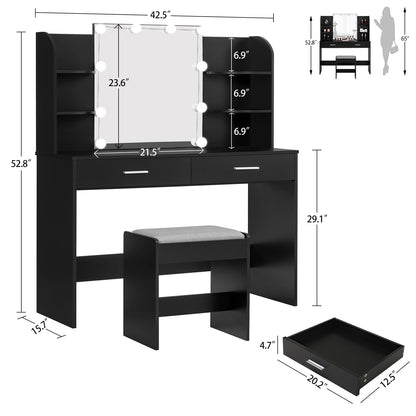 usikey Makeup Vanity with Mirror and 10 LED Lights, Vanity Makeup Table Set with 2 Drawers and Open Shelves, Makeup Vanity Desk Dressing Table with Cushioned Stool, Black