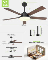 Vaczon 52 inch Black Ceiling fan with Light and Remote/APP, Ceiling Fans with Lights, 3CCT, Reversible 6 Speeds Quiet, Black Modern Ceiling Fan with Light for Indoor Outdoor Bedroom Patio Living Room Vaczon