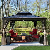 Domi Hardtop Gazebo 10x12FT, Outdoor Gazebo with Galvanized Steel Double Roof, Aluminum Frame, Built-in Gutter System, Curtain and Netting, Metal Gazebo Pavilion for Patio Deck Garden, Brown domi outdoor living
