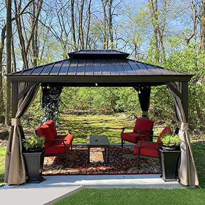 Domi Hardtop Gazebo 10x12FT, Outdoor Gazebo with Galvanized Steel Double Roof, Aluminum Frame, Built-in Gutter System, Curtain and Netting, Metal Gazebo Pavilion for Patio Deck Garden, Brown - WoodArtSupply