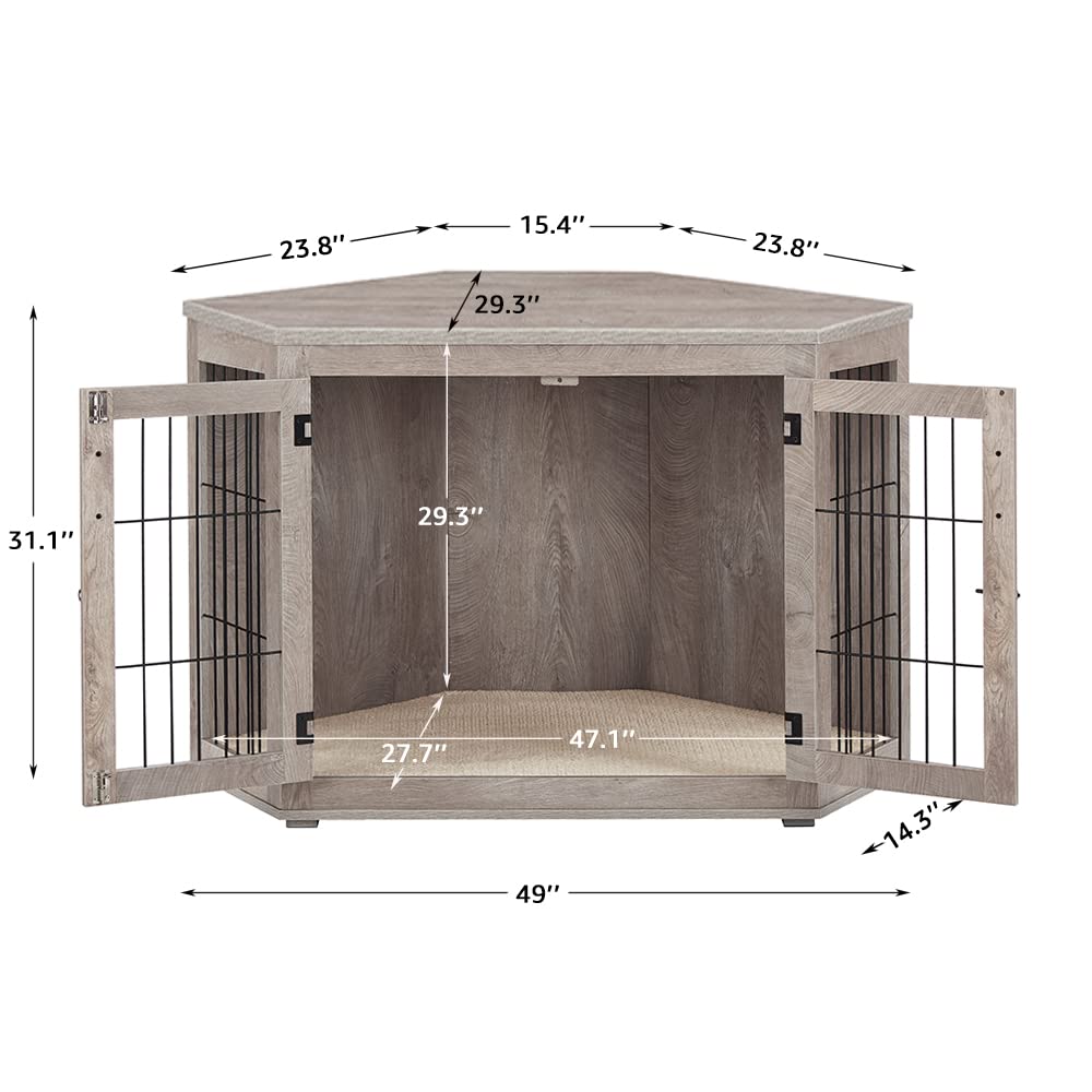 beeNbkks Furniture Dog Crate Corner, Dog Kennel Corner Wooden End Table with Cushion, Indoor Pet Crates Corner Side Table for Dogs, Wide Top Perfect for Limited Room(Large, Weathered Gray) - WoodArtSupply