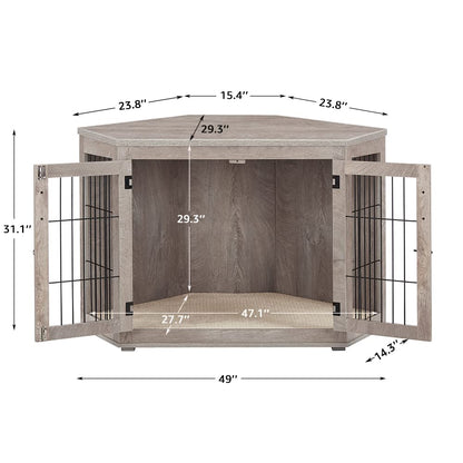 beeNbkks Furniture Dog Crate Corner, Dog Kennel Corner Wooden End Table with Cushion, Indoor Pet Crates Corner Side Table for Dogs, Wide Top Perfect for Limited Room(Large, Weathered Gray) - WoodArtSupply