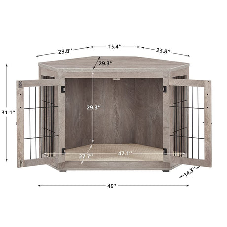 beeNbkks Furniture Dog Crate Corner, Dog Kennel Corner Wooden End Table with Cushion, Indoor Pet Crates Corner Side Table for Dogs, Wide Top Perfect for Limited Room(Large, Weathered Gray) beeNbkks
