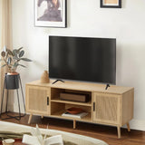 Modern TV Stand for 65 Inch TV, Entertainment Center with 2 Storage Cabinets and Adjustable Shelf, Solid Wood Feet, 4 Cord Holes, Groove Wave Media TV Console Table for Living Room Bedroom (Natural) Generic