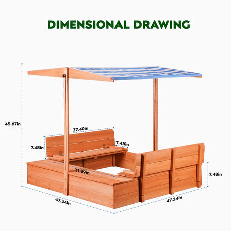 Kids Wooden Outdoor Sandbox with Cover，Sand Boxes with Canopy and Foldable Storage Bench Seats, Sand Table with Protection Bottom Liner,Kids Play Equipment for Outdoor(47X47Inch Agitree