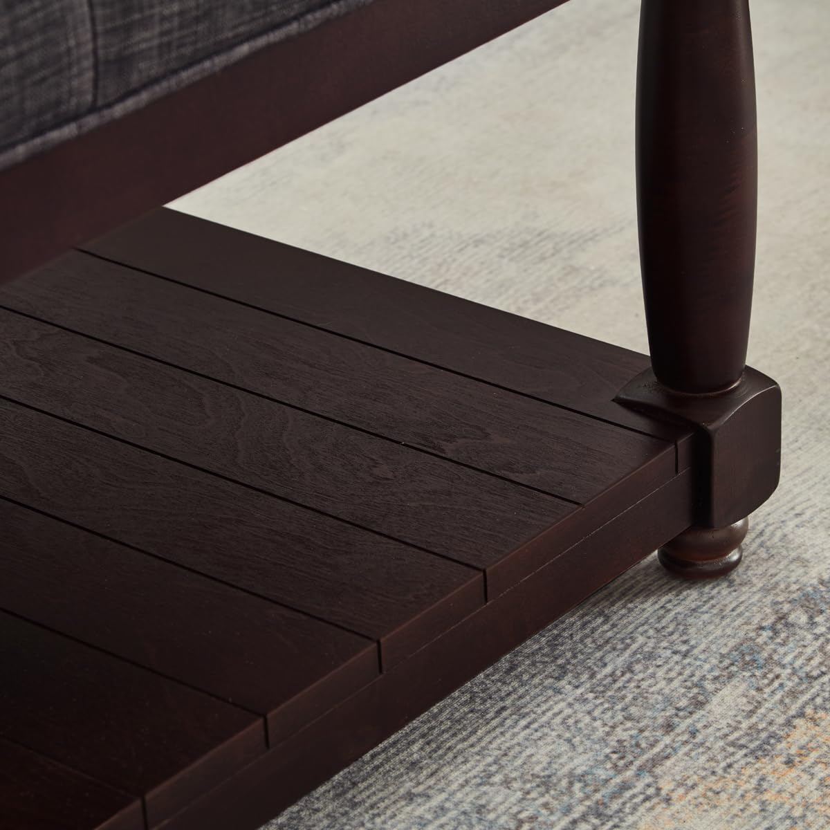 24KF Upholstered Square Coffee Table with Wooden Shelf, Tufted Button Large Square Ottoman with Spindle Wooden Legs, Linen Large Footrest Ottoman Pouf for Living Room, Dark Gray 24KF