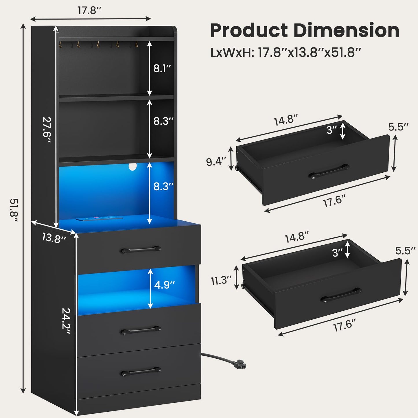 Tall Black Nightstand Set with LED Lights, Charging Station, and Bookshelf - Modern Storage Solution for Bedrooms - WoodArtSupply