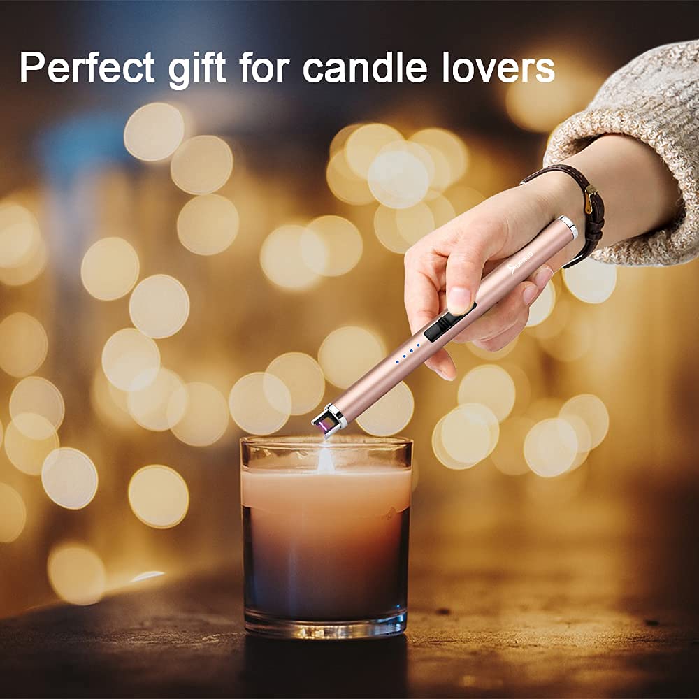 SUPRUS Electric Lighter Candle Type C Rechargeable Lighter with Upgraded LED Battery Display Safety Switch Flameless Plasma Windproof for Candle Cooking BBQs Fireworks (Champagne Gold) SUPRUS